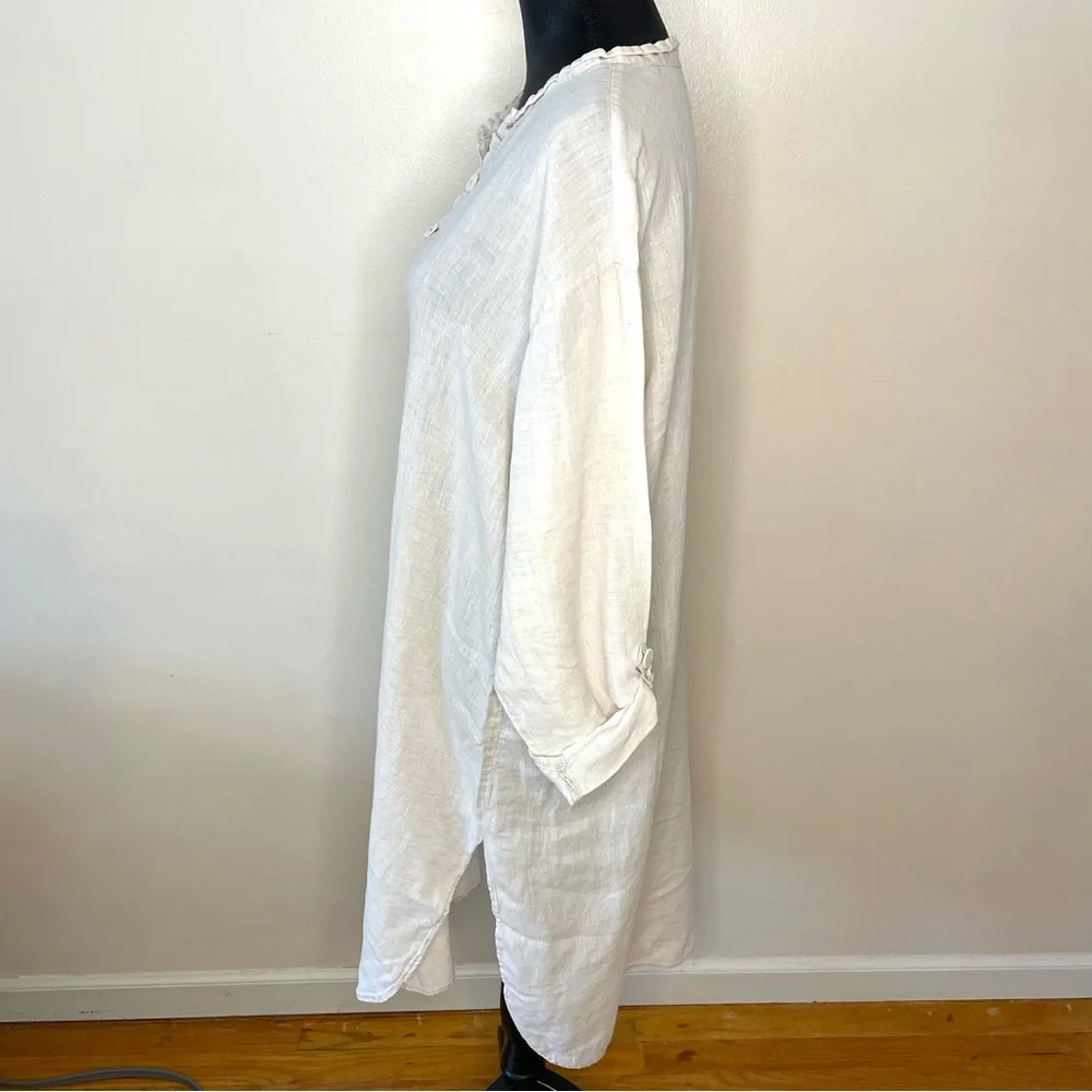 Flax Dress Linen Shirt Long Tunic Lagenlook Minimalist Beige Size Small - Picture 4 of 9